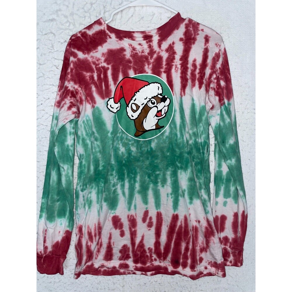 Buc-ees sz S Red Green White Tie Dye Christmas Long Sleeve Tshirt Beaver